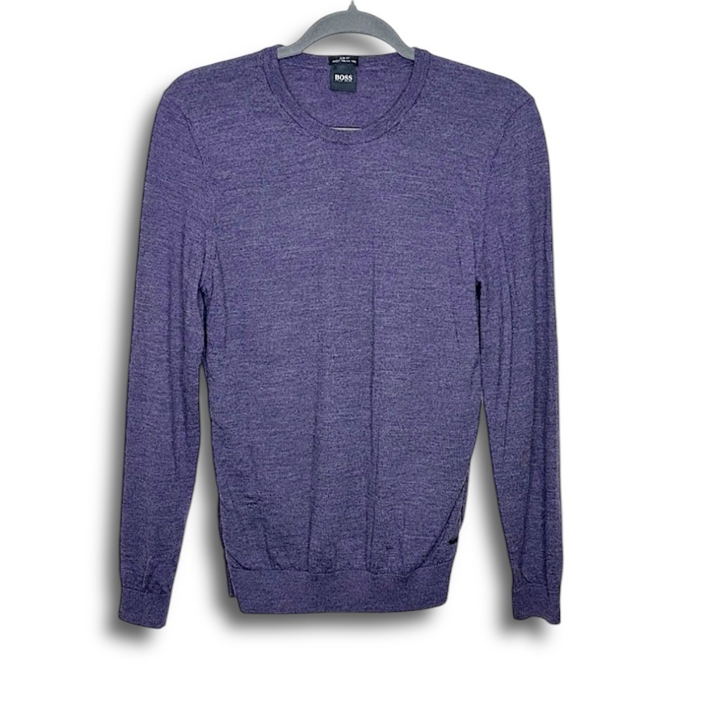 Hugo Boss Slim Fit Crewneck Cozy Knit Purple Sweater 100% Virgin Wool Size L